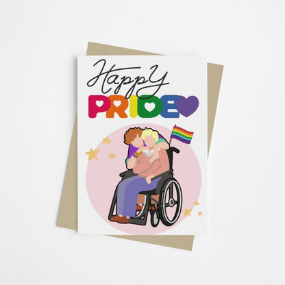 A card with rainbow letters spelling the word 'Pride, with queer couple on the front using a wheelchair and a LGBTQ+ rainbow flag. This card is designed to celebrate and represent disabled and queer people on Pride. 