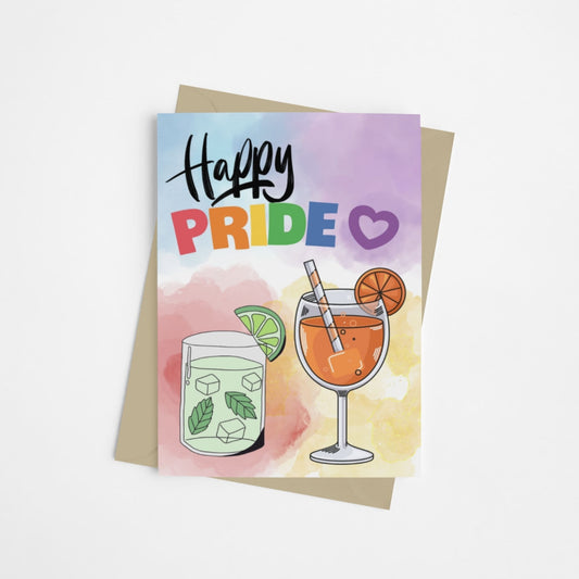 Colorful LGBTQ+ Pride card with two cocktails on the front and bold text reading “Happy Pride.” A cheerful and supportive card to celebrate Pride Month and LGBTQ+ identity.