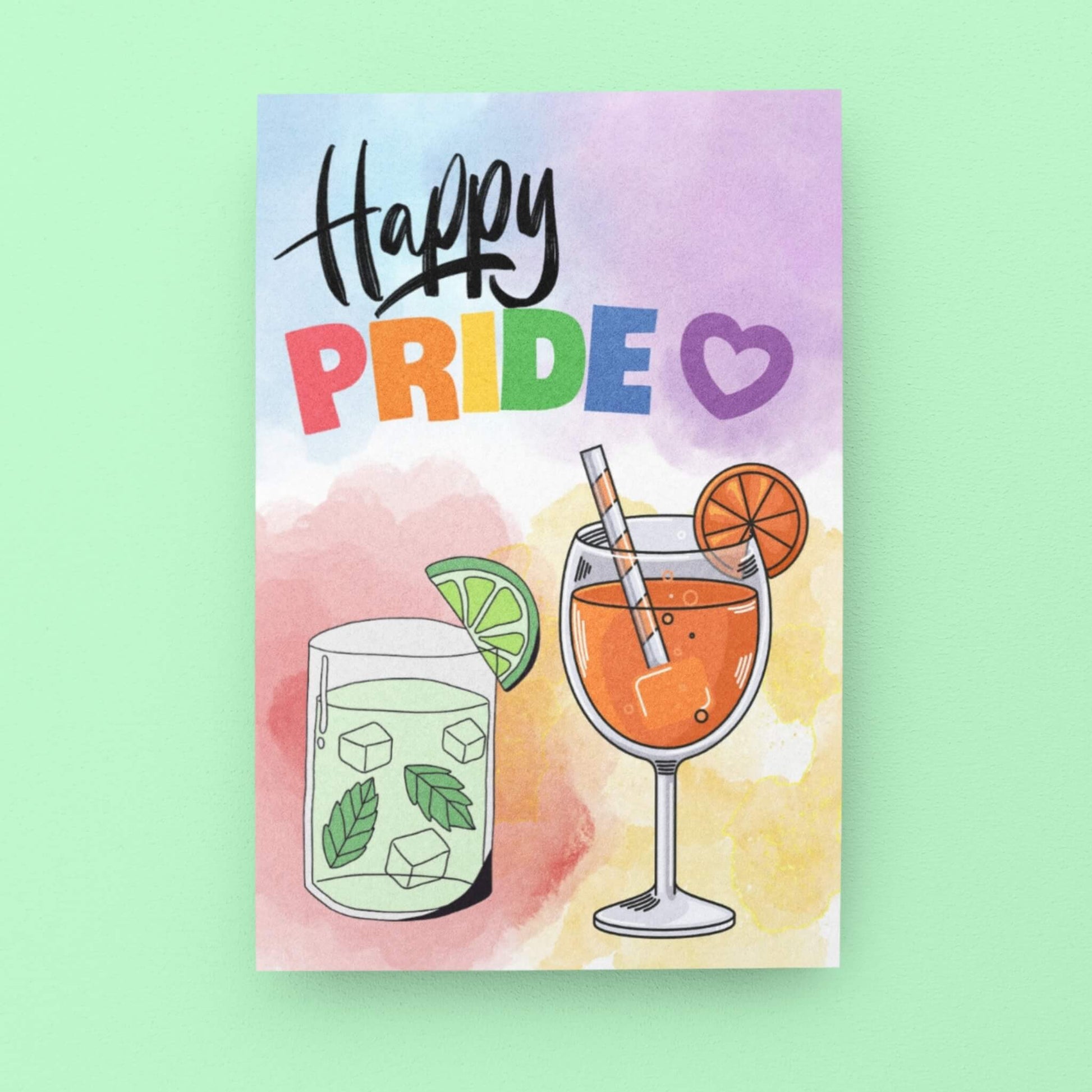 Colorful LGBTQ+ Pride card with two cocktails on the front and bold text reading “Happy Pride.” A cheerful and supportive card to celebrate Pride Month and LGBTQ+ identity.