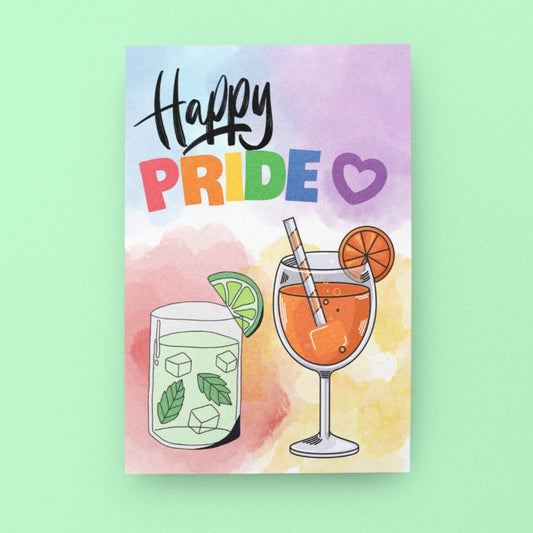 Colorful LGBTQ+ Pride card with two cocktails on the front and bold text reading “Happy Pride.” A cheerful and supportive card to celebrate Pride Month and LGBTQ+ identity.