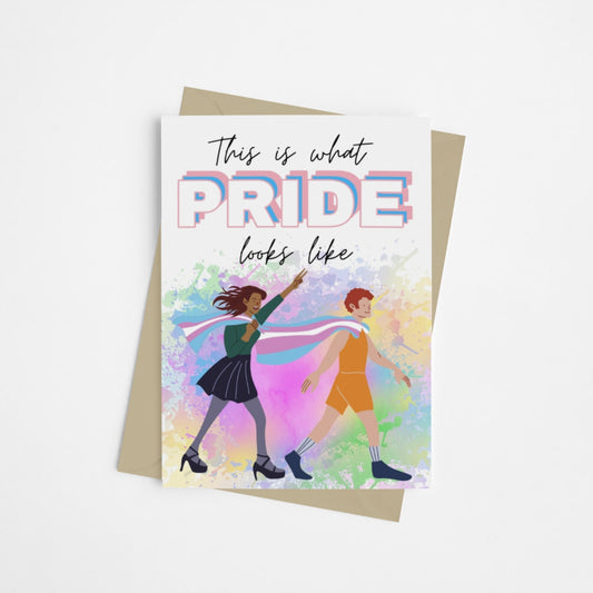 A vibrant and colourful card, with two people wearing the transgender flag celebrating LGBTQ+ pride. Designed for celebrating Pride. 