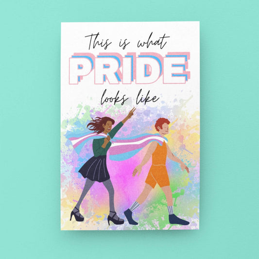 A vibrant and colourful card, with two people wearing the transgender flag celebrating LGBTQ+ pride. Designed for celebrating Pride. 